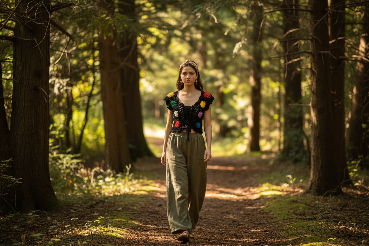 Black Granny Square Crochet Shrug with Colorful Centers - Bohemian Tie-Front Bolero