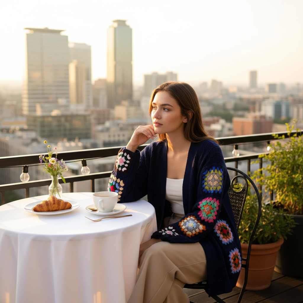 Navy Blue Knit Cardigan with Colorful Crochet Granny Square Details