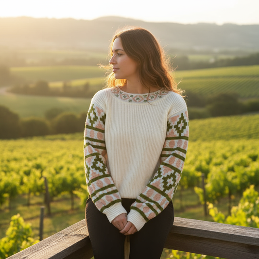 Cream Knit Sweater with Geometric Patterned Sleeves and Collar