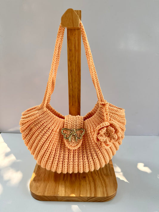 Crochet Flap Bag with Flower Detail - Handmade Peach Shoulder Bag