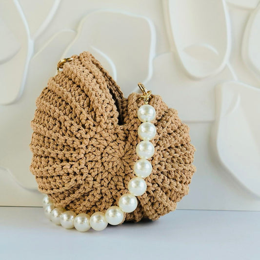 Crochet Shell Bag with Pearl Strap - Handmade Beaded Clutch